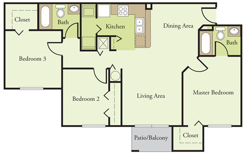 Floor plan for 3 beds, 2 baths, 1108 sqft